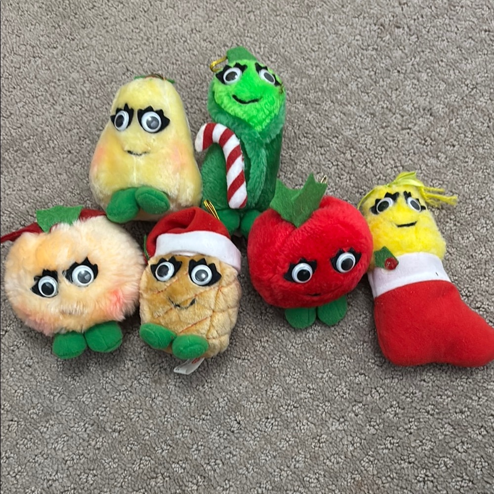 Del Monte Yumkins plush set of 6 fruit & veggie Christmas ornaments vintage 1991